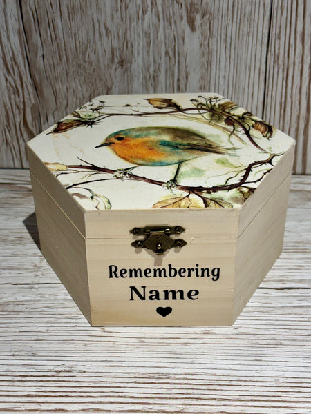 Wood Box, Keepsake Box, Sympathy Gift, Memorial Keepsake Box, Personalised Memory box, Robin Memory Box, Grieving Gift for Lost Loved Ones.