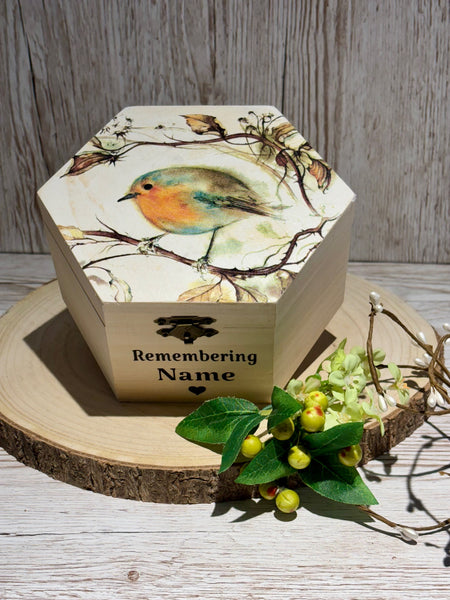 Wood Box, Keepsake Box, Sympathy Gift, Memorial Keepsake Box, Personalised Memory box, Robin Memory Box, Grieving Gift for Lost Loved Ones.