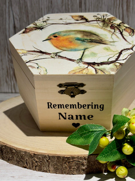 Wood Box, Keepsake Box, Sympathy Gift, Memorial Keepsake Box, Personalised Memory box, Robin Memory Box, Grieving Gift for Lost Loved Ones.