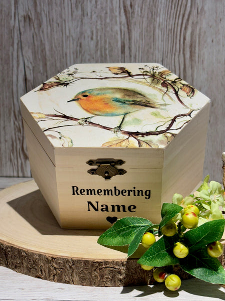 Wood Box, Keepsake Box, Sympathy Gift, Memorial Keepsake Box, Personalised Memory box, Robin Memory Box, Grieving Gift for Lost Loved Ones.