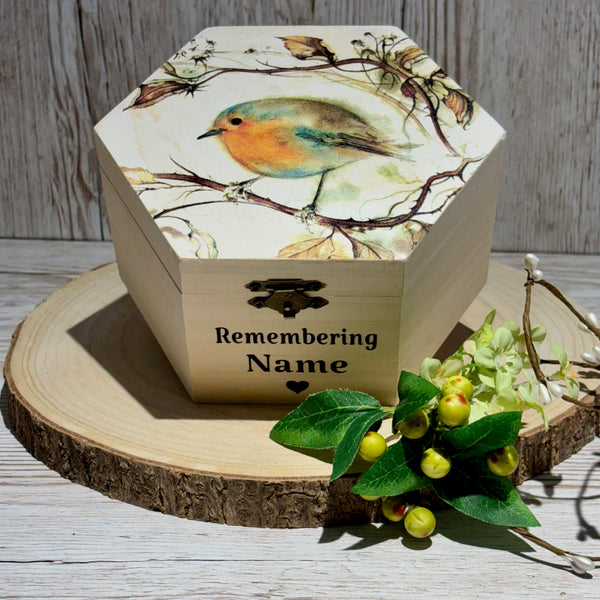 Wood Box, Keepsake Box, Sympathy Gift, Memorial Keepsake Box, Personalised Memory box, Robin Memory Box, Grieving Gift for Lost Loved Ones.