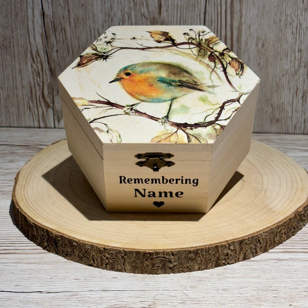 Wood Box, Keepsake Box, Sympathy Gift, Memorial Keepsake Box, Personalised Memory box, Robin Memory Box, Grieving Gift for Lost Loved Ones.