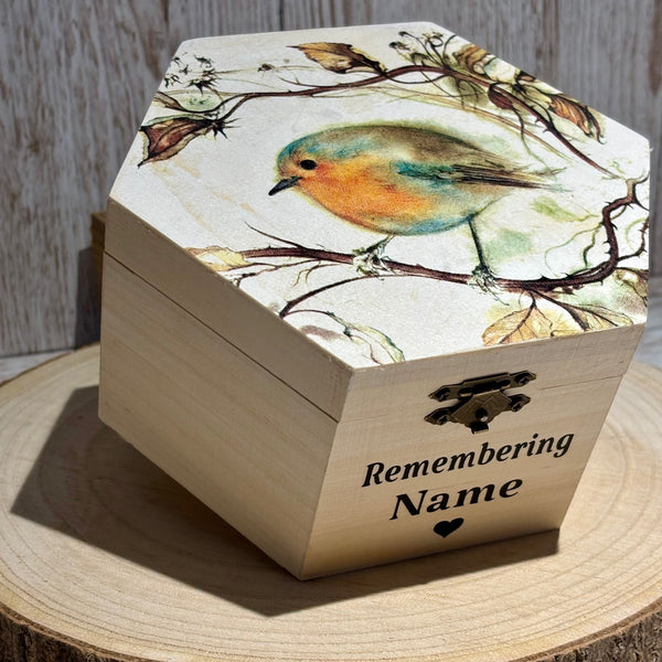 Wood Box, Keepsake Box, Sympathy Gift, Memorial Keepsake Box, Personalised Memory box, Robin Memory Box, Grieving Gift for Lost Loved Ones.