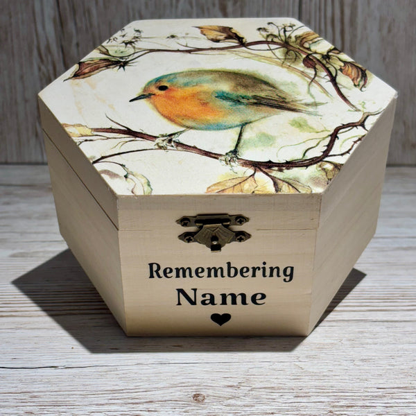 Wood Box, Keepsake Box, Sympathy Gift, Memorial Keepsake Box, Personalised Memory box, Robin Memory Box, Grieving Gift for Lost Loved Ones.