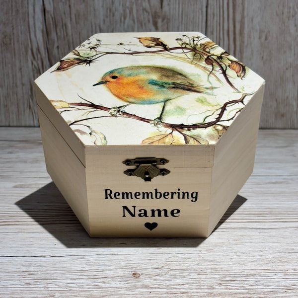 Wood Box, Keepsake Box, Sympathy Gift, Memorial Keepsake Box, Personalised Memory box, Robin Memory Box, Grieving Gift for Lost Loved Ones.