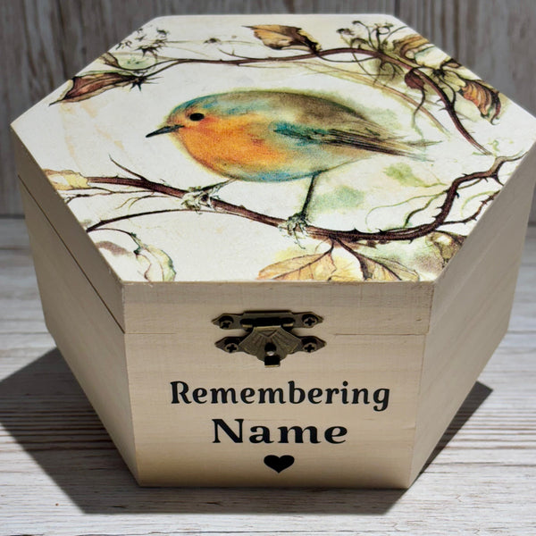 Wood Box, Keepsake Box, Sympathy Gift, Memorial Keepsake Box, Personalised Memory box, Robin Memory Box, Grieving Gift for Lost Loved Ones.