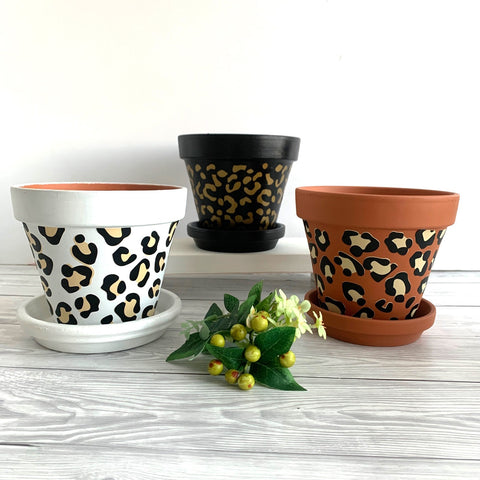 Terracotta Black Cream Leopard Print Plant Pot | 13 cm Flower Pot | Stylish Home Decor | Perfect Birthday, Housewarming Gift, Christmas Gift