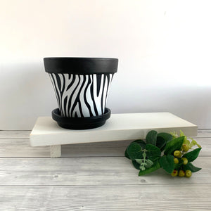 Zebra print plant pot, hand painted black terracotta planter, Zebra print home decor, Boho Animal Print, Large plant pot, Animal print.