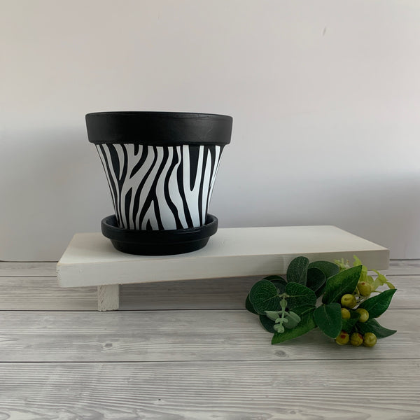 Zebra print plant pot, hand painted black terracotta planter, Zebra print home decor, Boho Animal Print, Large plant pot, Animal print.