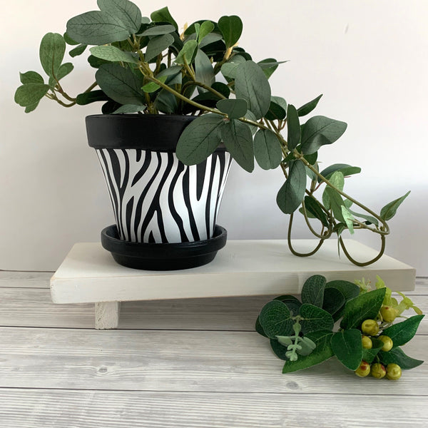 Zebra print plant pot, hand painted black terracotta planter, Zebra print home decor, Boho Animal Print, Large plant pot, Animal print.