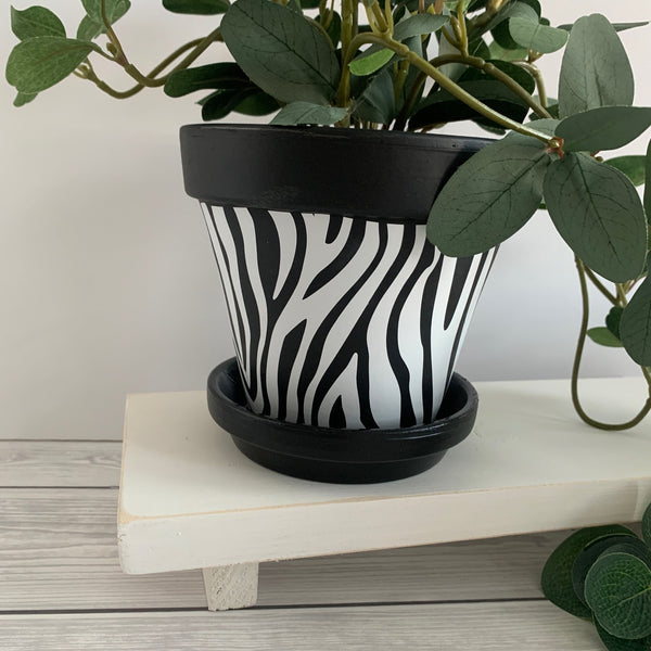 Zebra print plant pot, hand painted black terracotta planter, Zebra print home decor, Boho Animal Print, Large plant pot, Animal print.