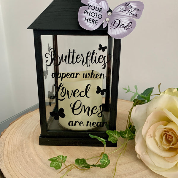 Butterflies appear when loved ones are near, Memorial Lantern, Mourning Gift, Grieving Gift, Personalised Memorial Lantern. Photo Lantern.