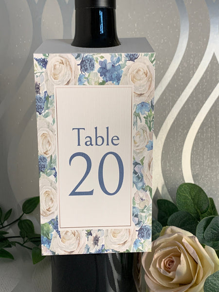 Wedding Table Numbers, Bottle table numbers, Wedding Roses l Design, 1 - 20, Wedding table decorations | Blue themed wedding