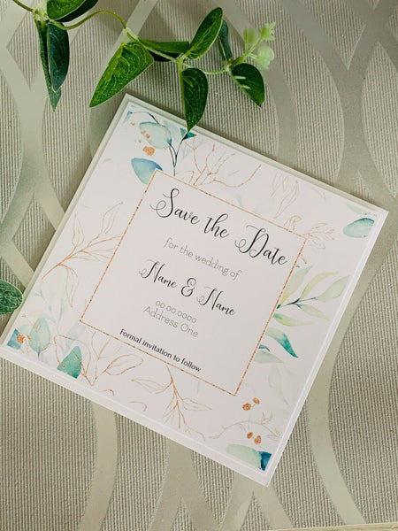 Save the Date Cards and envelopes, Wedding Invitations, Wedding Cards, Personalised, Eucalyptus inspired, 6" cards , Wedding Invites.