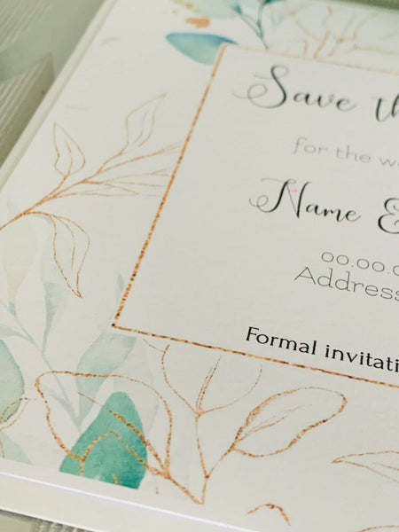 Save the Date Cards and envelopes, Wedding Invitations, Wedding Cards, Personalised, Eucalyptus inspired, 6" cards , Wedding Invites.