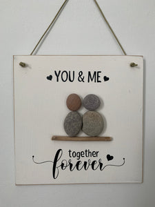 You & Me together forever. Pebble Art Gift. Engagement/Wedding Gift. Wall Hanger Pebble Art. Handmade Pebble Art Sign. 15 cm x 15 cm Hanger