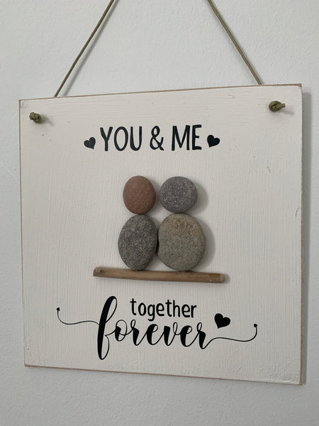 You & Me together forever. Pebble Art Gift. Engagement/Wedding Gift. Wall Hanger Pebble Art. Handmade Pebble Art Sign. 15 cm x 15 cm Hanger