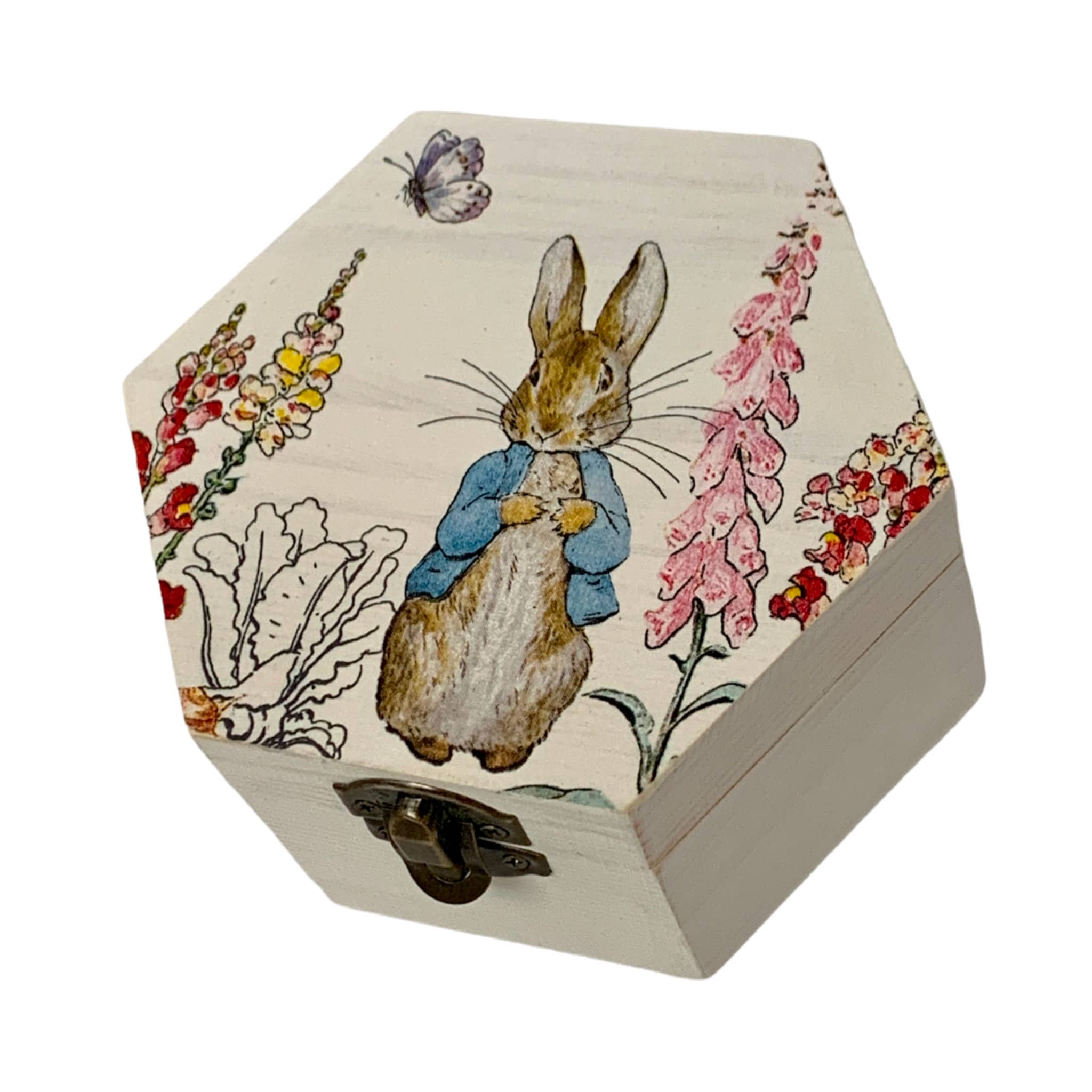 Wood Gift Box with Peter Rabbit, Beatrix Potter theme. Child's wooden gift box and keepsake box. Unique new born gift. Birthday gift.