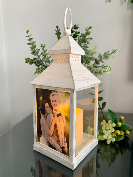 Photo Lantern with Candle, Memorial Lantern, Personalised Lantern, Sympathy Lantern, Memorial keepsake Lantern, White and Gold Lantern