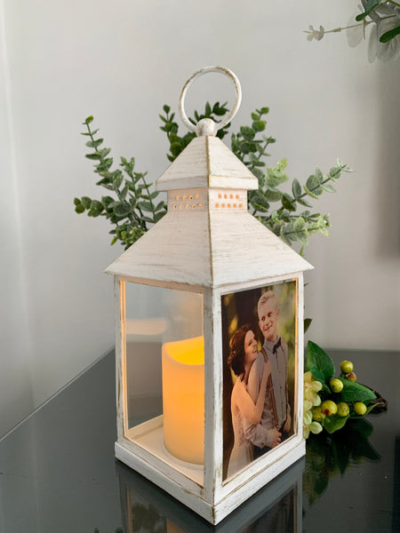 Photo Lantern with Candle, Memorial Lantern, Personalised Lantern, Sympathy Lantern, Memorial keepsake Lantern, White and Gold Lantern