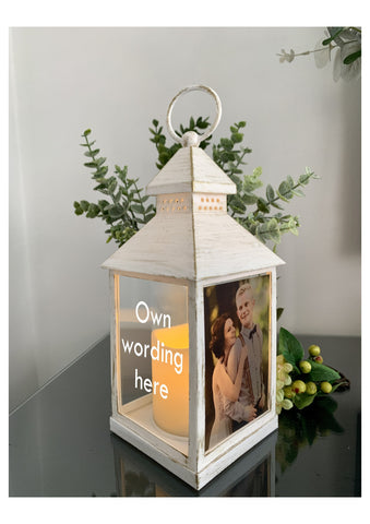 Photo Lantern with Candle, Memorial Lantern, Personalised Lantern, Sympathy Lantern, Memorial keepsake Lantern, White and Gold Lantern