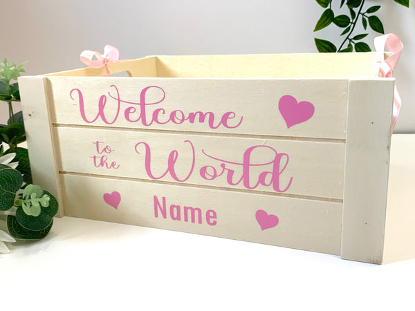 Baby Box, Welcome to the world, Wooden Crate, 26 x 11 x 21 cm New Baby Crate, Newborn Gift, Boy/Girl, New Baby Gift, Baby shower gift