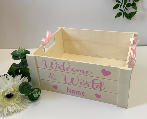 Baby Box, Welcome to the world, Wooden Crate, 26 x 11 x 21 cm New Baby Crate, Newborn Gift, Boy/Girl, New Baby Gift, Baby shower gift