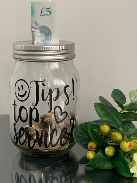 Tip Jar, Restaurant Tips, Barber Tips, Tips Container, Glass Tip Jar, Tips top service?, Novelty tip jar for Restaurant/Bar/Barber/Salon