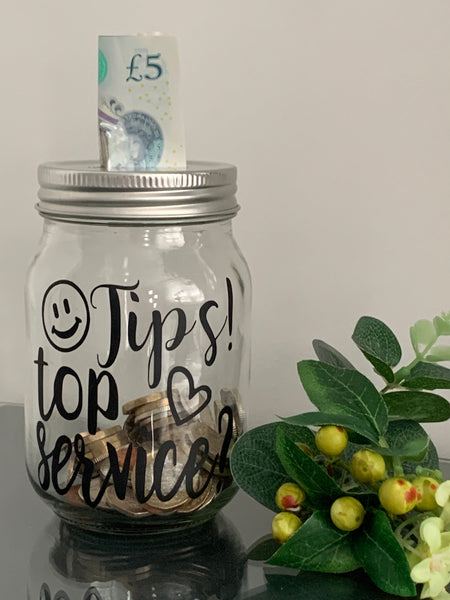 Tip Jar, Restaurant Tips, Barber Tips, Tips Container, Glass Tip Jar, Tips top service?, Novelty tip jar for Restaurant/Bar/Barber/Salon