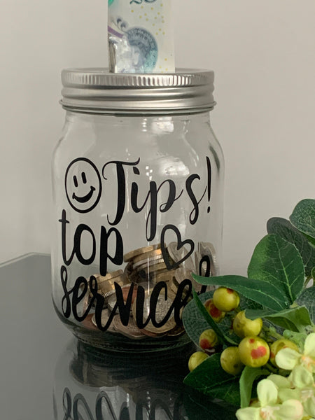 Tip Jar, Restaurant Tips, Barber Tips, Tips Container, Glass Tip Jar, Tips top service?, Novelty tip jar for Restaurant/Bar/Barber/Salon