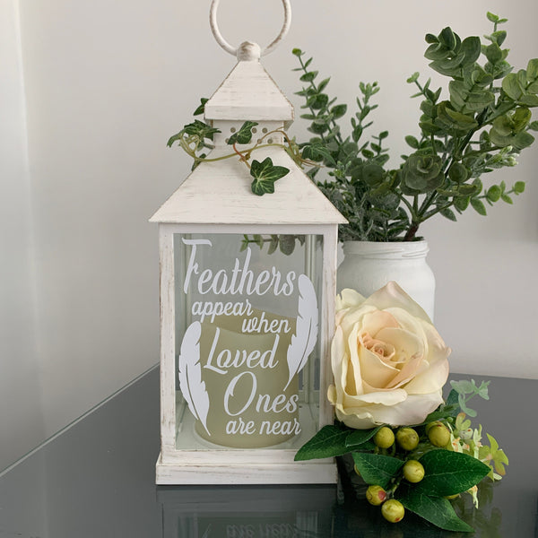 Feathers Appear when Loved Ones are Near, memorial lantern with flickering candle, mourning gift, grieving gift, white and gold.