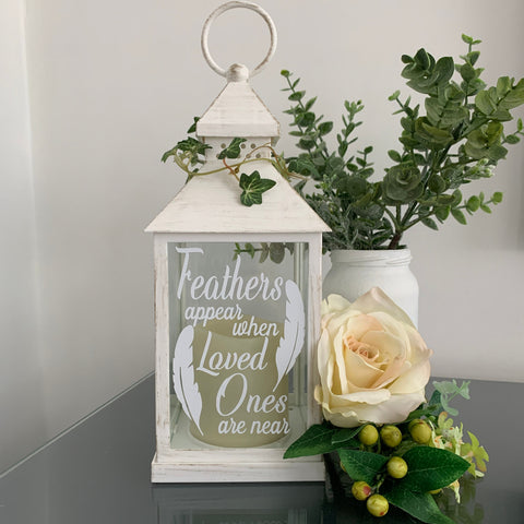 Feathers Appear when Loved Ones are Near, memorial lantern with flickering candle, mourning gift, grieving gift, white and gold.