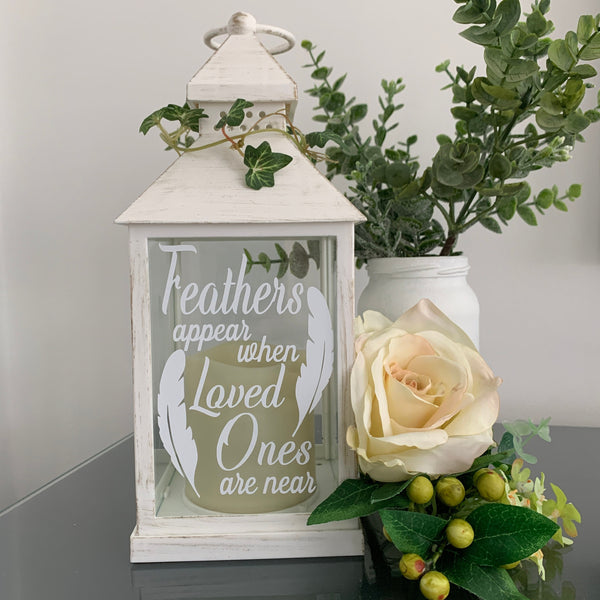 Feathers Appear when Loved Ones are Near, memorial lantern with flickering candle, mourning gift, grieving gift, white and gold.