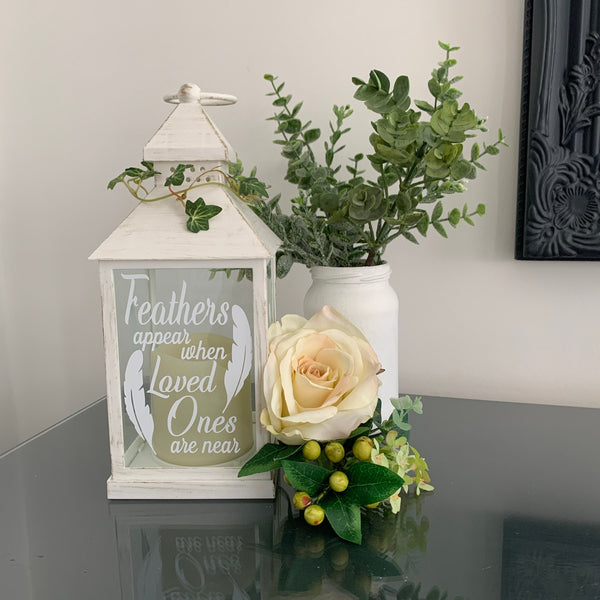 Feathers Appear when Loved Ones are Near, memorial lantern with flickering candle, mourning gift, grieving gift, white and gold.