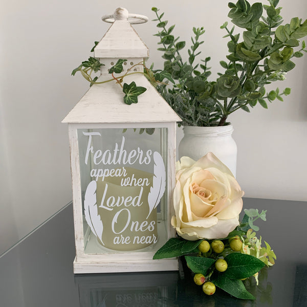 Feathers Appear when Loved Ones are Near, memorial lantern with flickering candle, mourning gift, grieving gift, white and gold.