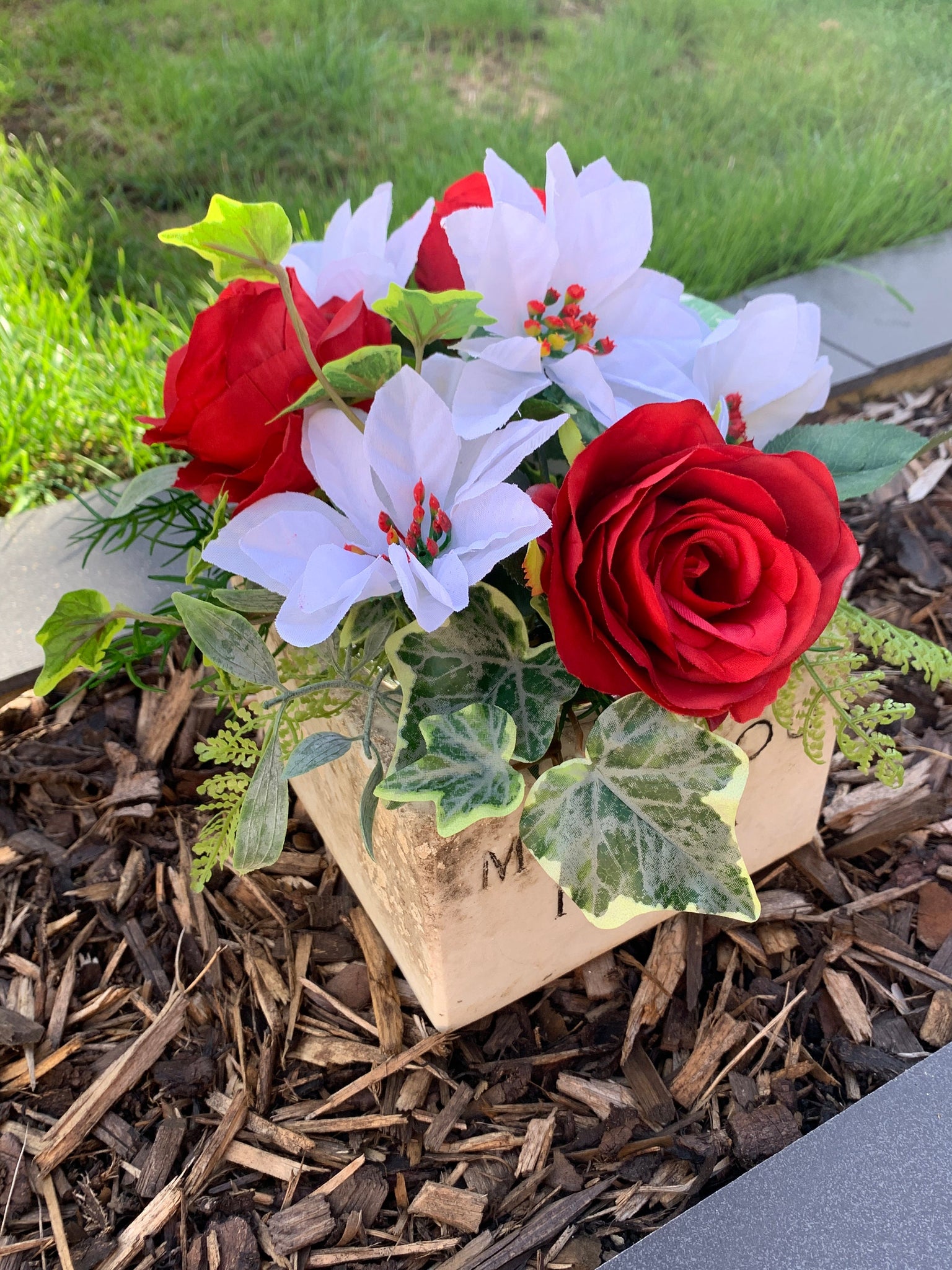 Christmas Grave Pot, Christmas Tribute Flowers, Red Roses, White Poinsettia