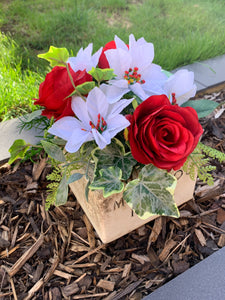 Christmas Grave Pot, Christmas Tribute Flowers, Red Roses, White Poinsettia