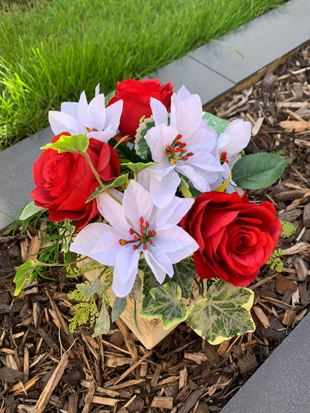 Christmas Grave Pot, Christmas Tribute Flowers, Red Roses, White Poinsettia