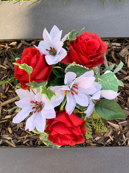 Christmas Grave Pot, Christmas Tribute Flowers, Red Roses, White Poinsettia