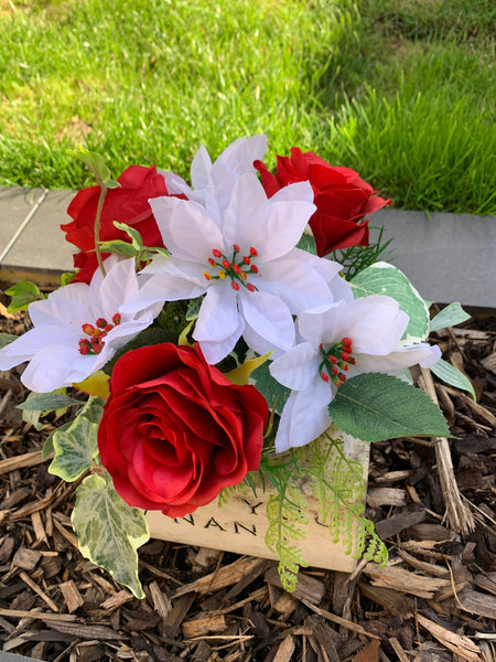 Christmas Grave Pot, Christmas Tribute Flowers, Red Roses, White Poinsettia