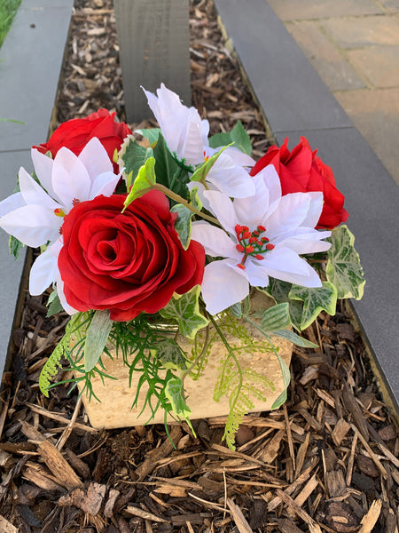 Christmas Grave Pot, Christmas Tribute Flowers, Red Roses, White Poinsettia