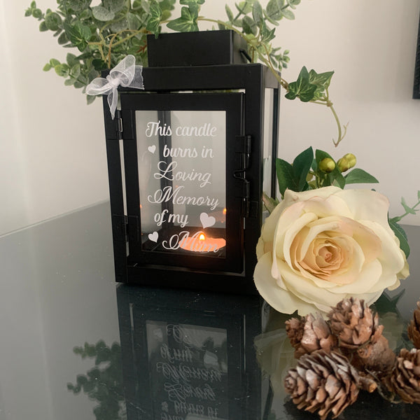 This candle burns in loving memory of Mum, Dad,  memorial lantern, candle lantern, lantern, home decor, black glass lantern, memorial quote