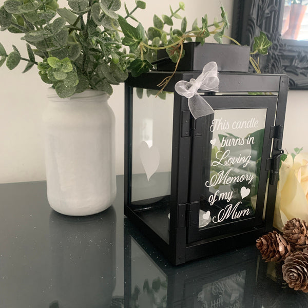 This candle burns in loving memory of Mum, Dad,  memorial lantern, candle lantern, lantern, home decor, black glass lantern, memorial quote