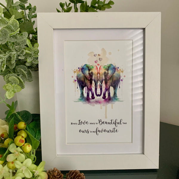 Elephant Print, Wedding Gift, Anniversary Gift, Birthday gift, Every Love Story is Beautiful, Elephants in Love, Photo Frame. Elephants