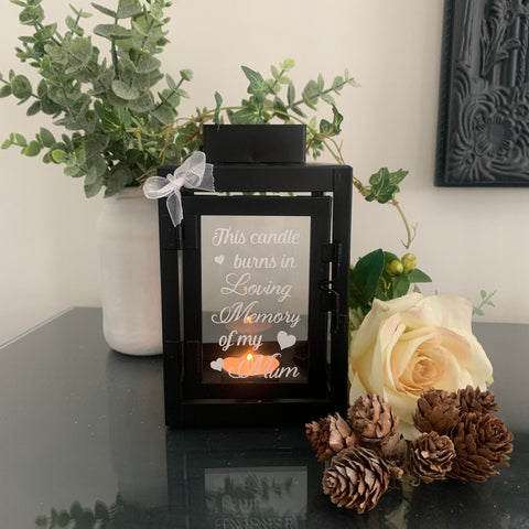 This candle burns in loving memory of Mum, Dad,  memorial lantern, candle lantern, lantern, home decor, black glass lantern, memorial quote