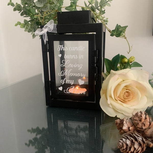 This candle burns in loving memory of Mum, Dad,  memorial lantern, candle lantern, lantern, home decor, black glass lantern, memorial quote