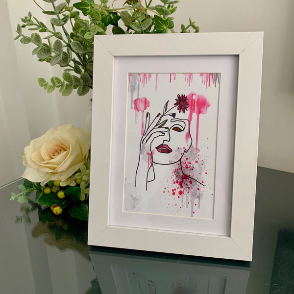 Woman Line Art, Framed Print, Contemporary Home Decor, Happy Birthday Gift, Pink, White and Black Art Print with Frame, Portrait Splash Art