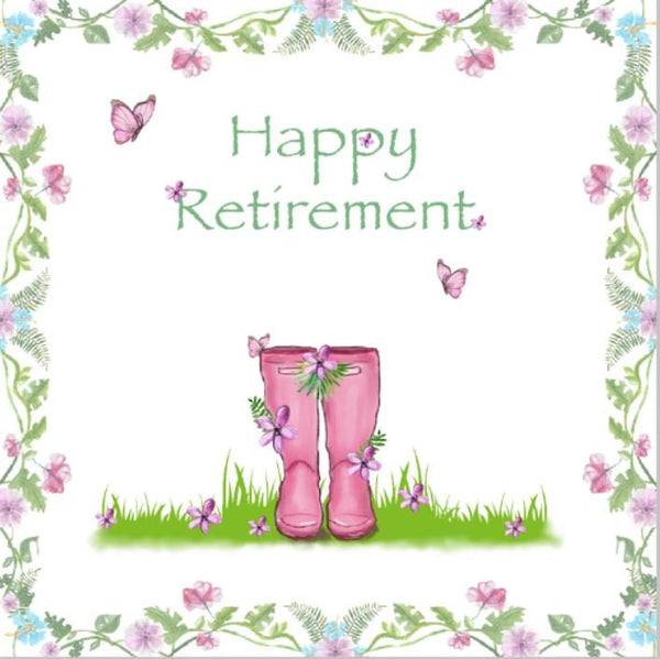 Retirement Card, Welly Boots, Flowers, Gardening inspired, Happy Retirement Card, Greeting Card, Hand Drawn Card, Pink and Green