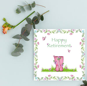 Retirement Card, Welly Boots, Flowers, Gardening inspired, Happy Retirement Card, Greeting Card, Hand Drawn Card, Pink and Green