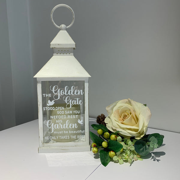 Memorial Lantern, The Golden Gate stood open, Lantern with candle, Memorial Gift, Personalised Gift, Lost Loved Ones, Memorial Keepsake Gift